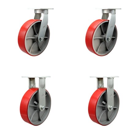 Service Caster 10'' Heavy Duty Red Poly on Cast Iron Wheel Caster Set 2 Swivel 2 Rigid, 4PK CRAN-SCC-KP92S1030-PUR-RS-2-R-2